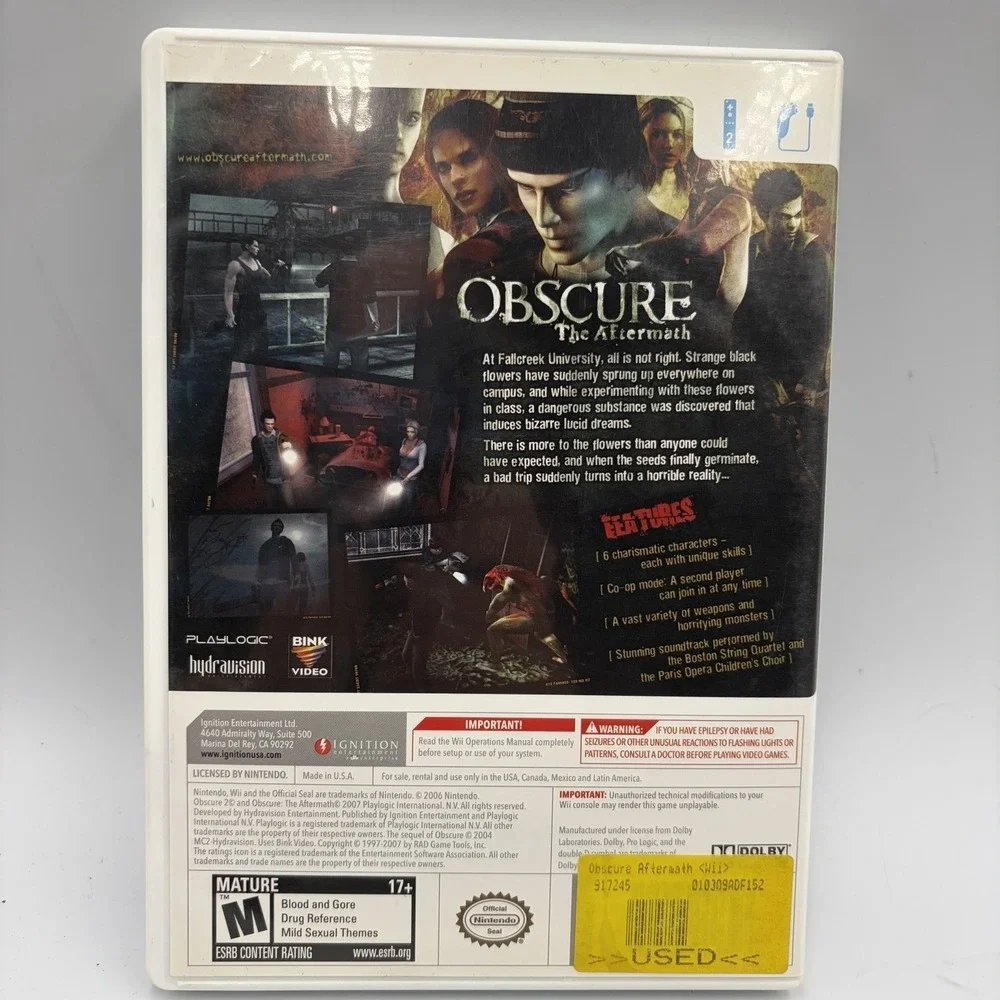 Obscure:‎ The Aftermath (Nintendo Wii, 2008) ObsCure II CIB Tested Working